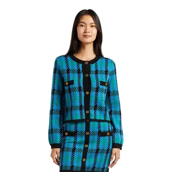 SUNCOO Jackets & Blazers - SUNCOO Paris Women's Blue Black Plaid Check Gold Button Gaya Cardigan Jacket T1